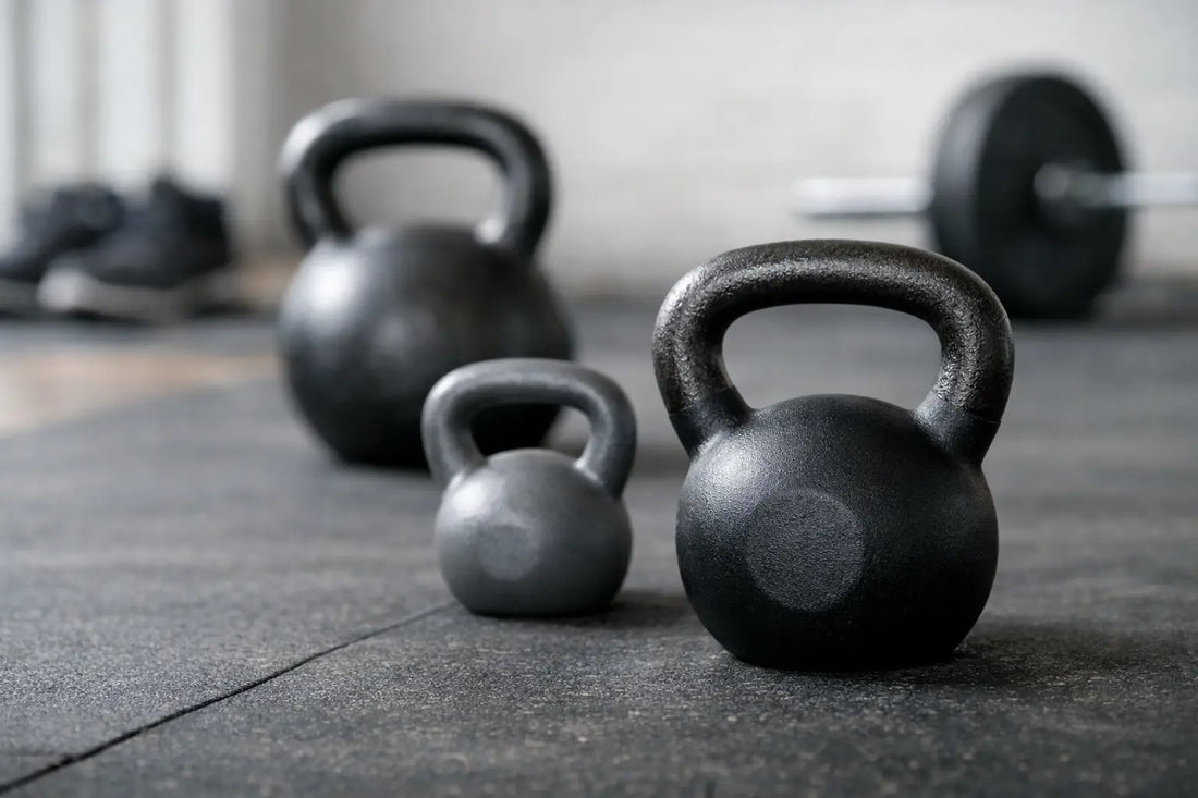 Black cast iron kettlebells with textured handles and rounded heads ideal for beginners choosing best kettlebell weight