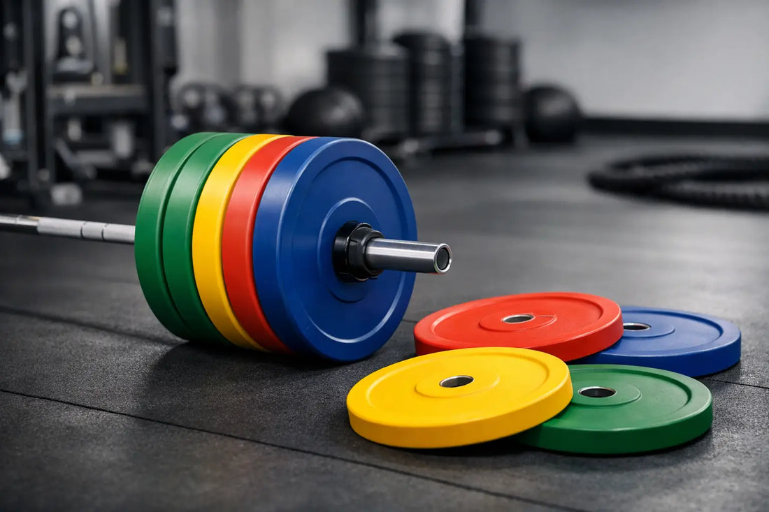 A vibrant stack of green yellow red and blue coloured bumper plates with metallic centers on a barbell in the UK