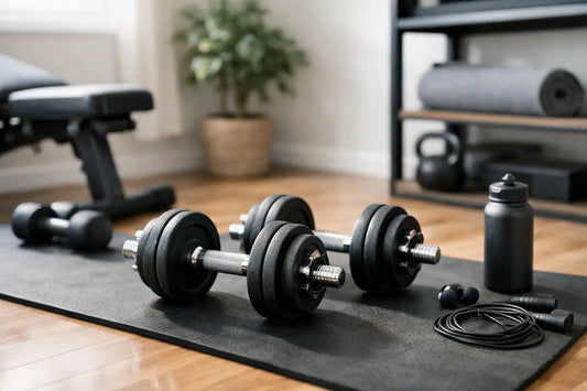 Black rubber-coated adjustable dumbbells with silver metal shafts ideal for dumbbell-only hypertrophy plans in small spaces