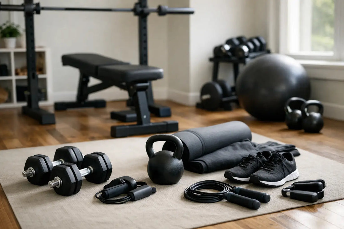 Black dumbbells with silver threaded ends arranged on beige mat for home gym equipment for beginners