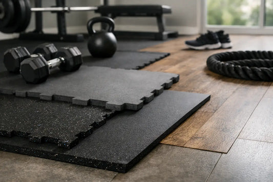 Black rubber gym mats with interlocking edges and textured surface for home gym flooring in how to choose gym flooring.