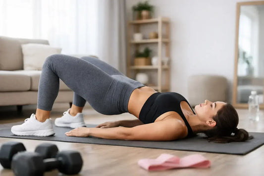 A woman in a black sports bra and gray leggings performs a glute exercise on a dark gray yoga mat at home.