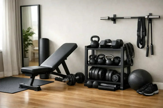 Black weight bench with adjustable incline and padded seat designed for compact workout corner setup.