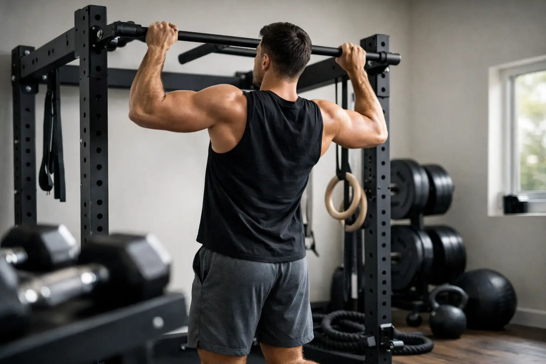 Black metal pull-up bar mounted on weightlifting rack for home gym pull-up progression plan