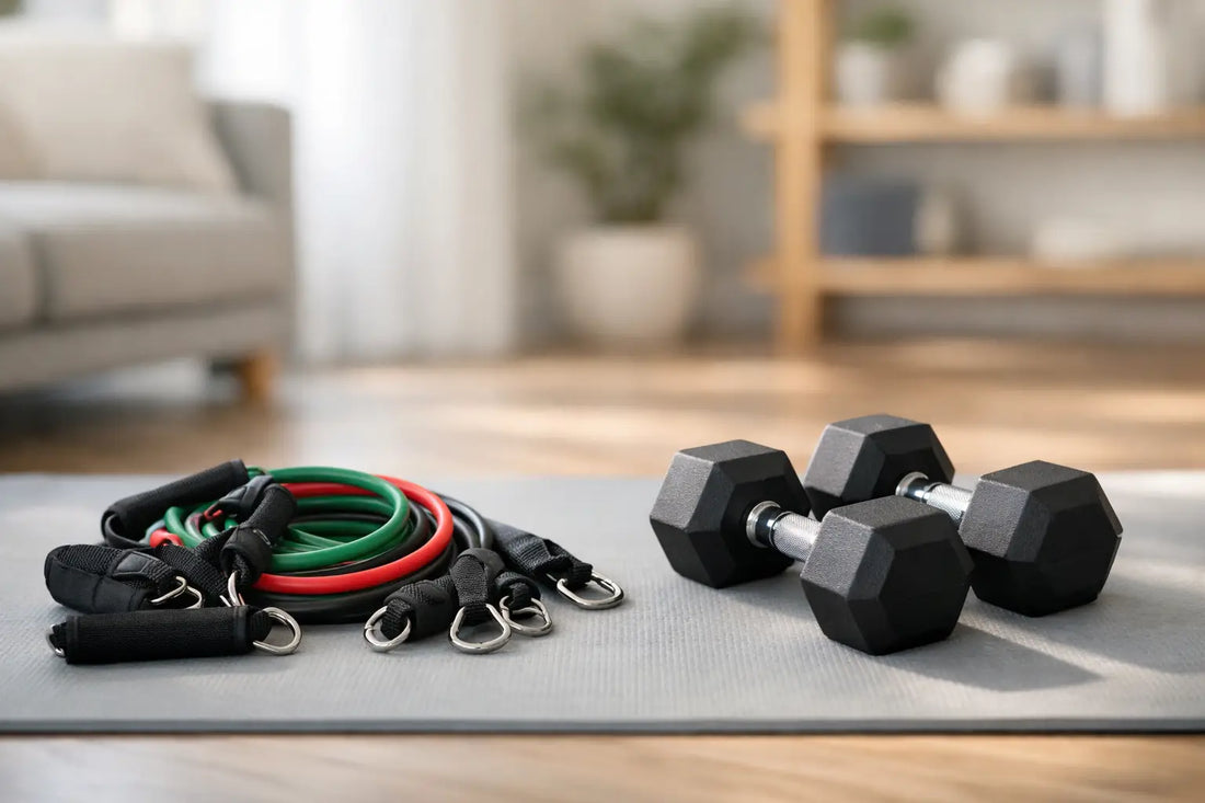 Black hexagonal dumbbells with silver metal handles resting on a gray yoga mat for home workout use