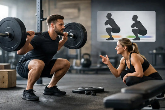 Black weightlifting barbell with heavy black plates designed for improving squat depth and technique training