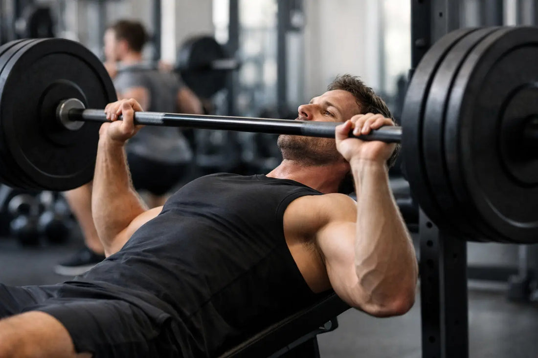 Black weightlifting barbell with heavy black plates demonstrating tempo training for slower muscle-building reps