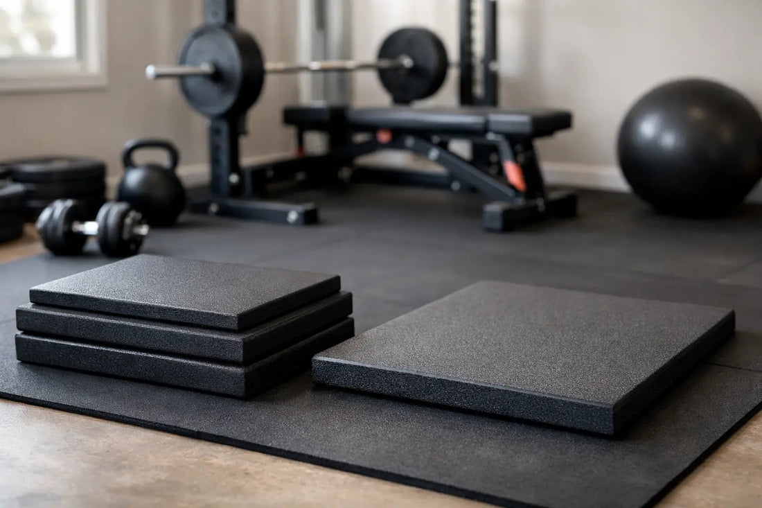 Black rubber gym mats with a textured surface stacked on a larger mat for home gym use and thickness comparison
