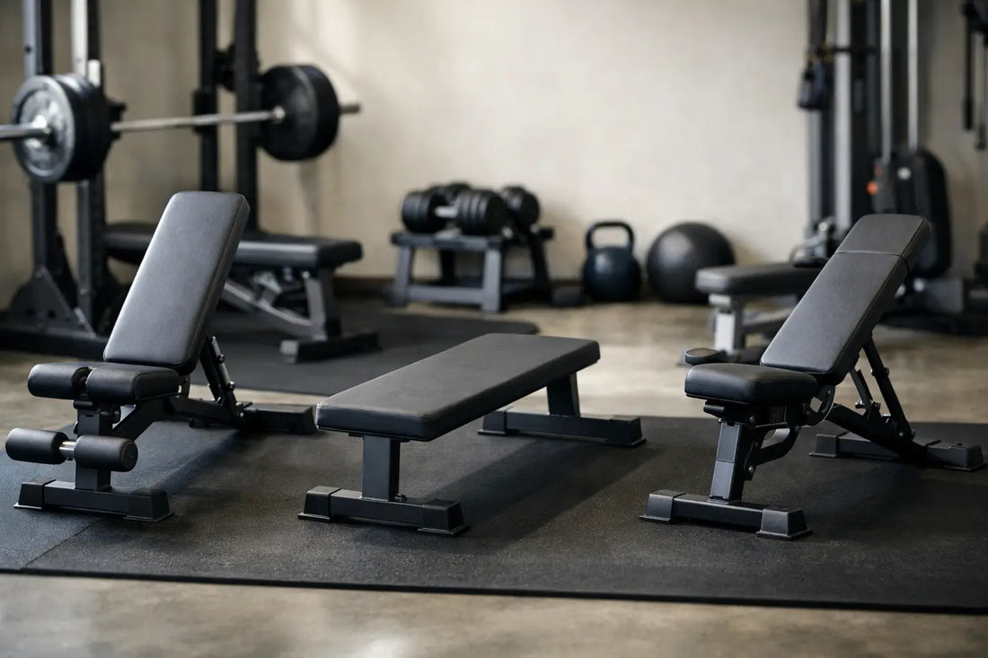 Black weight bench with adjustable backrest and padded seating ideal for home gym workouts