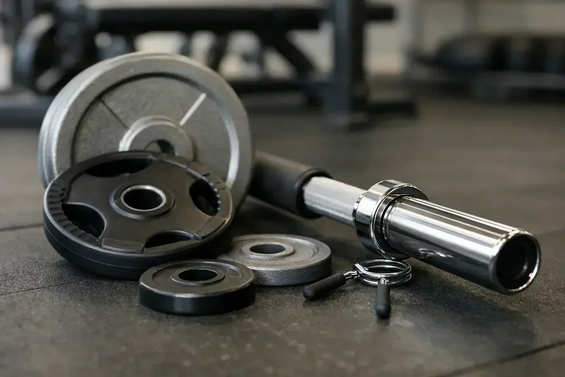 Silver and black weight plates with a chrome finished barbell resting beside them for fitting the bar discussion.