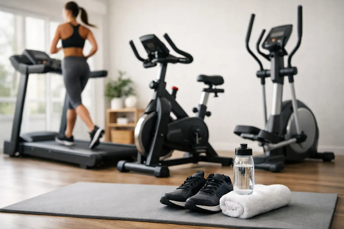 Black athletic shoes with white soles and textured upper material beside a rolled towel on gray yoga mat for cardio workout