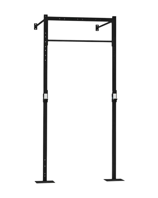 Black metal power rack squat rig with adjustable height and sturdy base for home workout wall mounted station