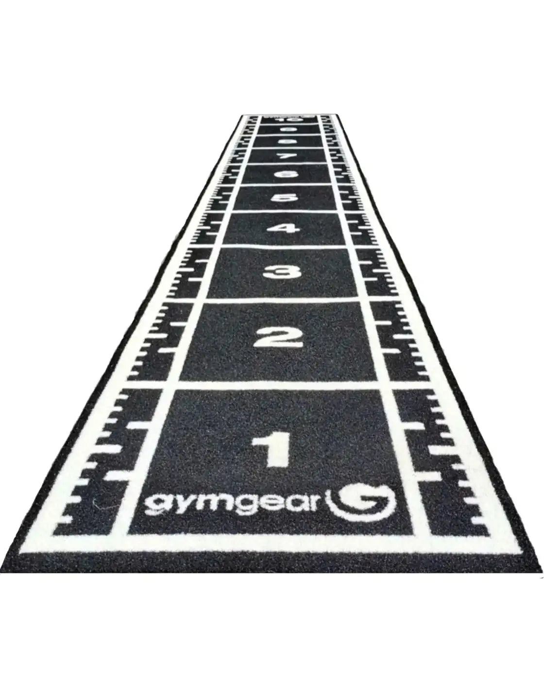 Black and white measuring mat with numbered increments 1 to 12 and gymgear logo for 10m by 1.5m green sprint track