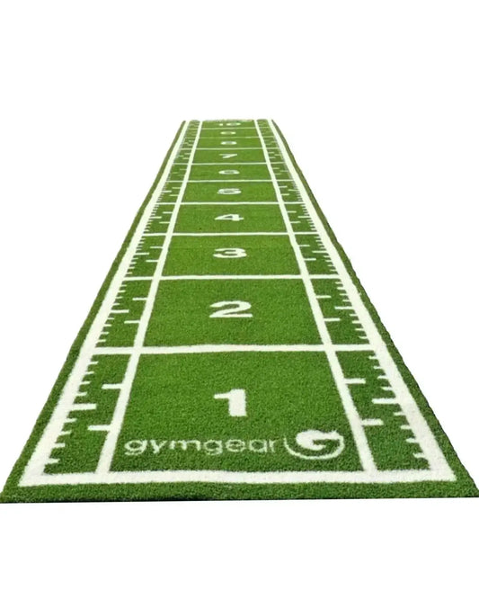 Green artificial turf sprint track mat 10m x 1.5m with white yard lines numbers and gymgear logo uk delivery