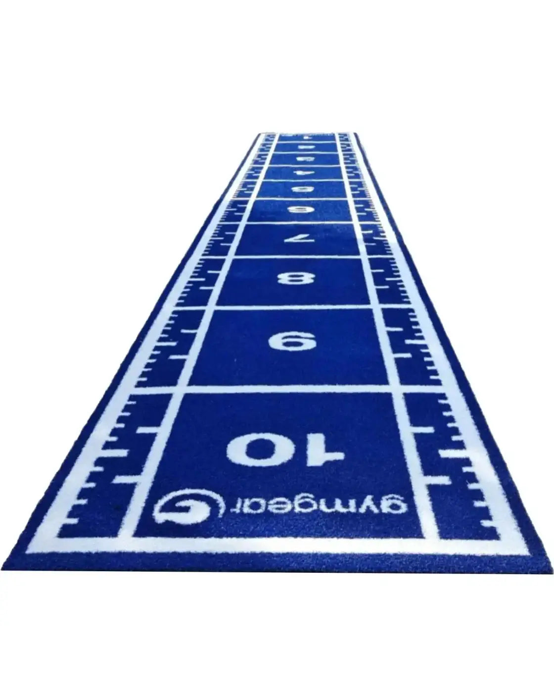 Blue gymgear measuring mat with white markings and numbers for sprint tracking and athletic training use