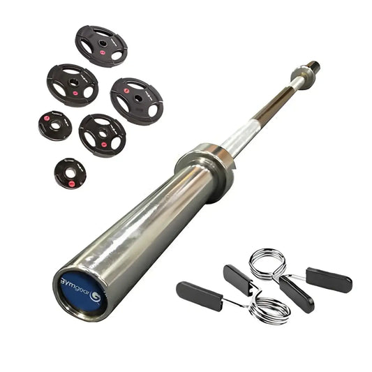 Silver gymgoat barbell with black rubber weight plates and chrome collars in 125kg rubber olympic bar and plate set uk delivery