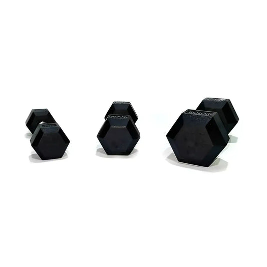 Set of black rubber hex dumbbells with textured grips and weight markings ranging from 2.5kg to 15kg uk delivery