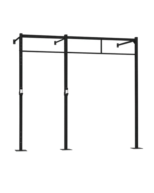 Black metal 2 station squat rig with adjustable height bars and sturdy base plates wall mounted uk delivery