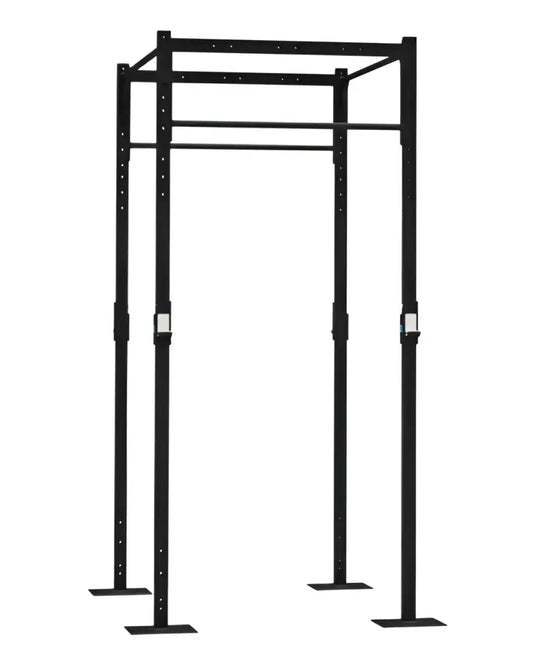 Black metal 2 station squat rig with adjustable height bars and sturdy base plates for home workout use