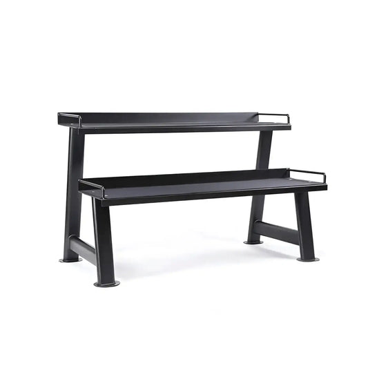 Black metal two-tier kettlebell rack with integrated handles on each shelf for uk delivery