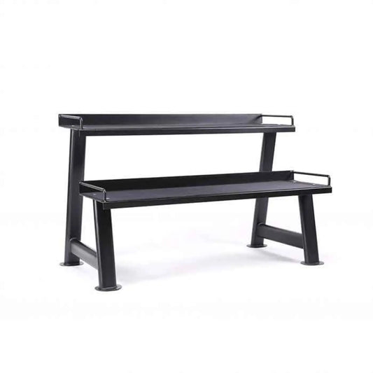 Black metal two-tier kettlebell rack with integrated handles on each shelf for uk fast delivery