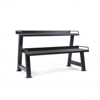 Black metal two-tier kettlebell rack with integrated handles on each shelf for uk fast delivery