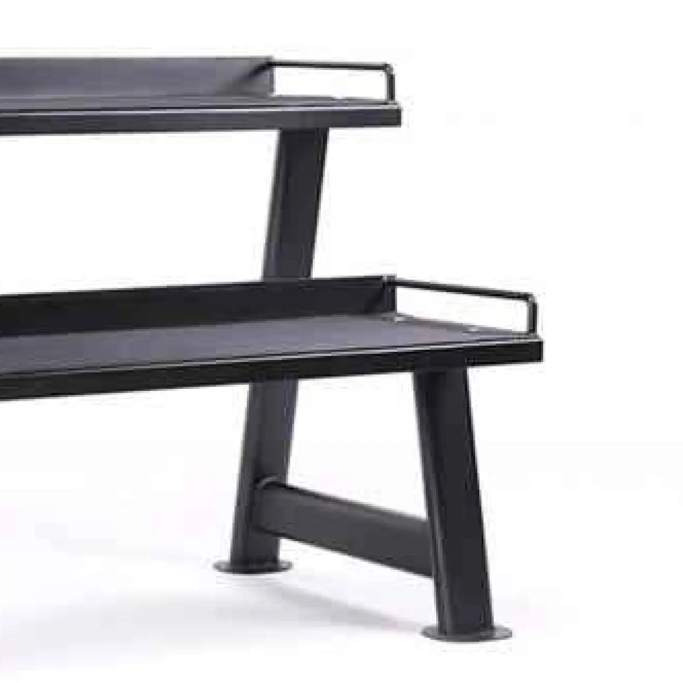 Black metal weight bench with sturdy frame and handlebars shown from the back in 2 tier kettlebell rack uk fast delivery product