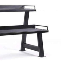 Black metal weight bench with sturdy frame and handlebars shown from the back in 2 tier kettlebell rack uk fast delivery product