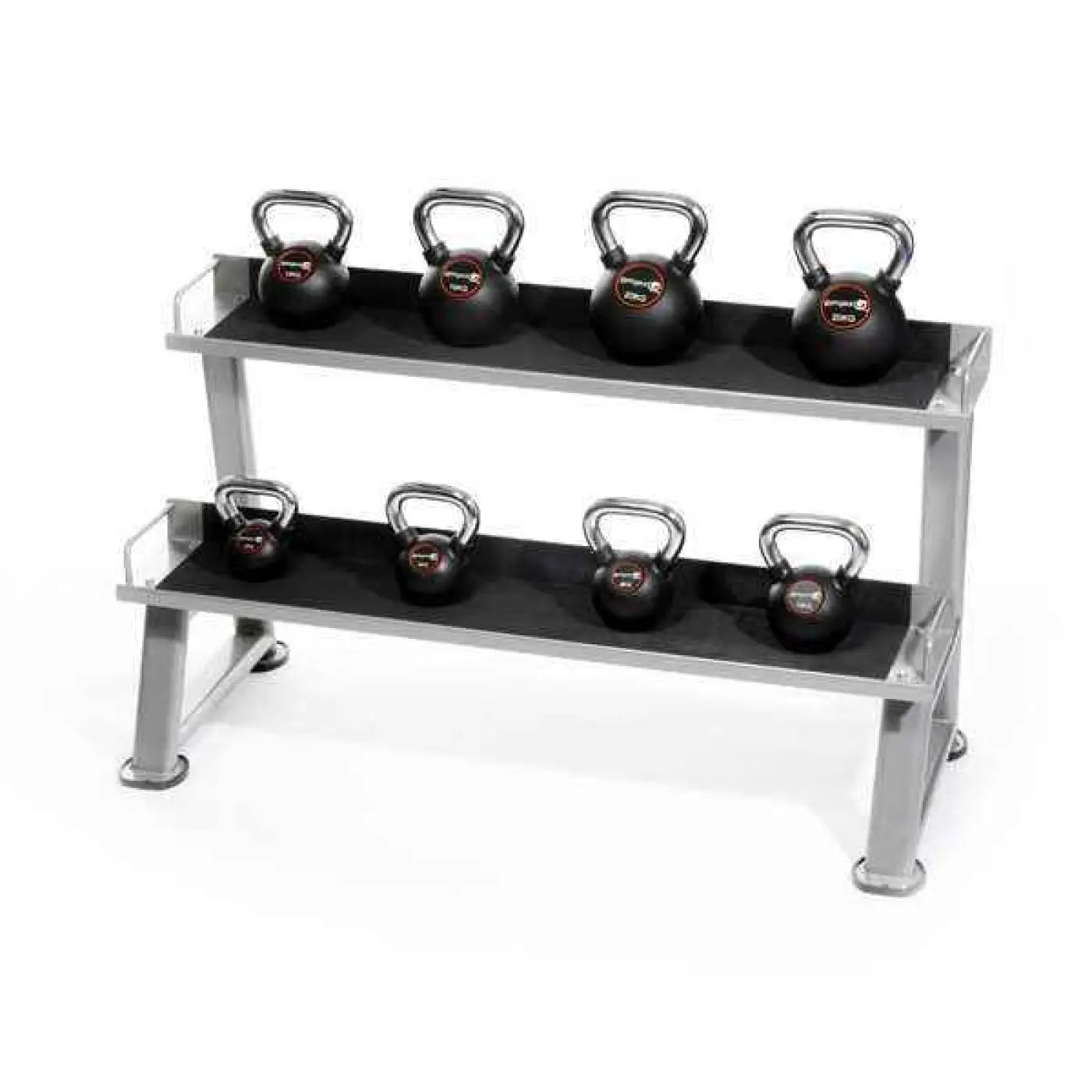A man holding a dark kettlebell stands in front of a 2 tier kettlebell rack with uk fast delivery