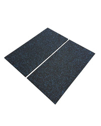 Two 20mm premium black rubber fitness mats with blue fleck speckled texture measuring 1m by 0.5m