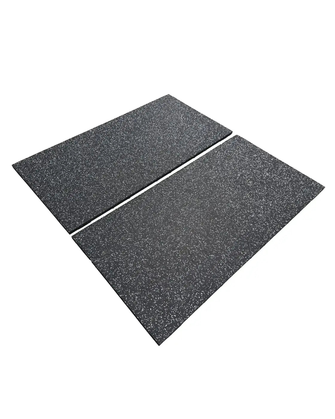 Two black textured rubber mats with grey fleck speckled surface 20mm premium rubber tile for home use
