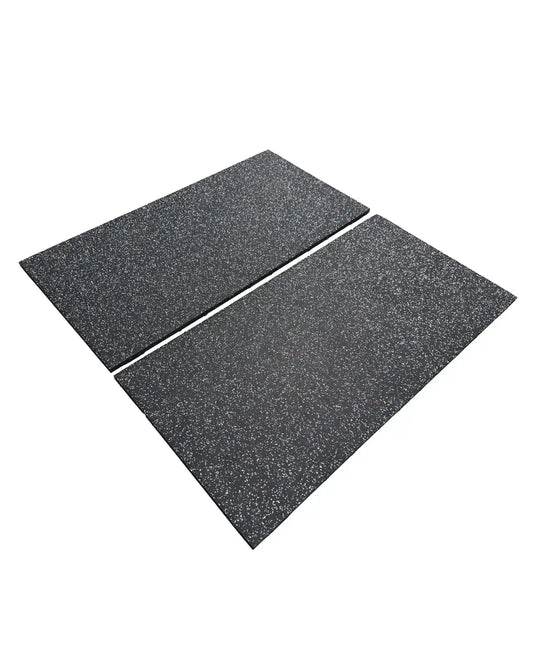 Two black textured 20mm premium rubber tiles with grey fleck surface built for home use
