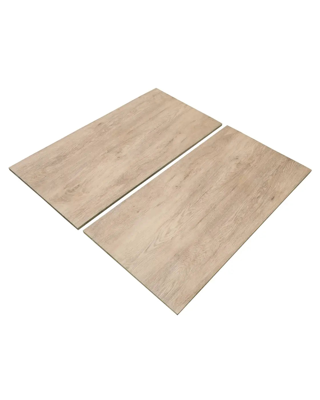 Two rectangular beige 20mm wood effect premium flooring tiles with subtle natural grain for home gyms