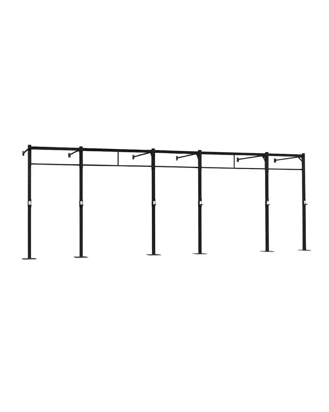 Black metal 3 station squat rig with 2 extensions wall mounted featuring multiple horizontal bars and adjustable height posts