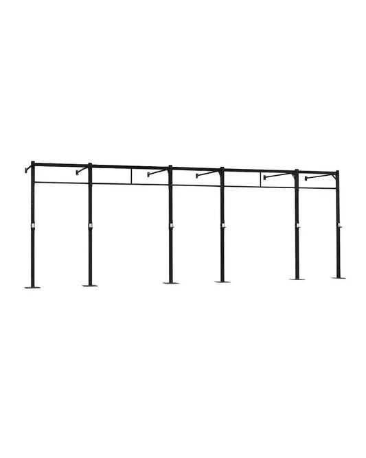 Black metal 3 station squat rig with 2 extensions wall mounted featuring multiple horizontal bars and adjustable height posts