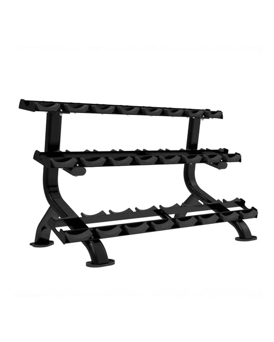 Black metal 3 tier dumbbell rack with 12 pairs capacity and curved slots for home gym weight storage