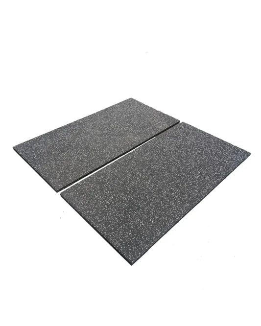 Two dark grey fleck premium rubber tiles with textured speckled surface 30mm thick for uk delivery