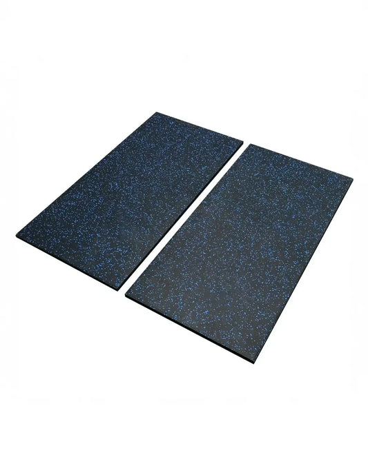 Two dark blue speckled 30mm premium rubber tiles 1m x 0.5m designed for durable flooring with uk delivery