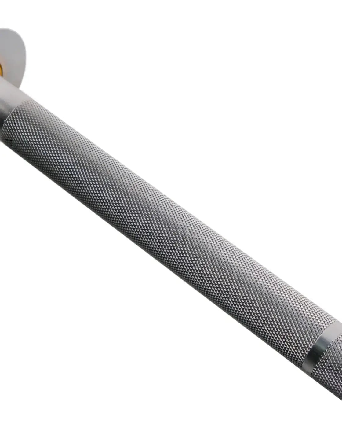 Silver textured grip handle with metallic finish and diamond plate pattern on 6ft olympic aluminium technique bar