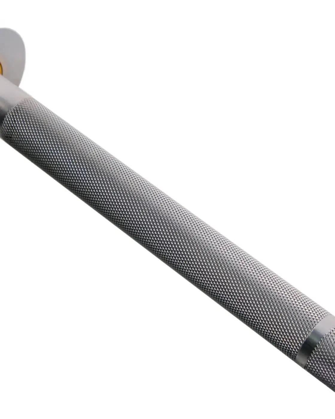 Silver 6ft olympic aluminium technique barbell with diamond plate texture and polished chrome end caps for home workout