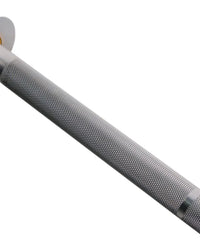Silver 6ft olympic aluminium technique barbell with diamond plate texture and polished chrome end caps for home workout