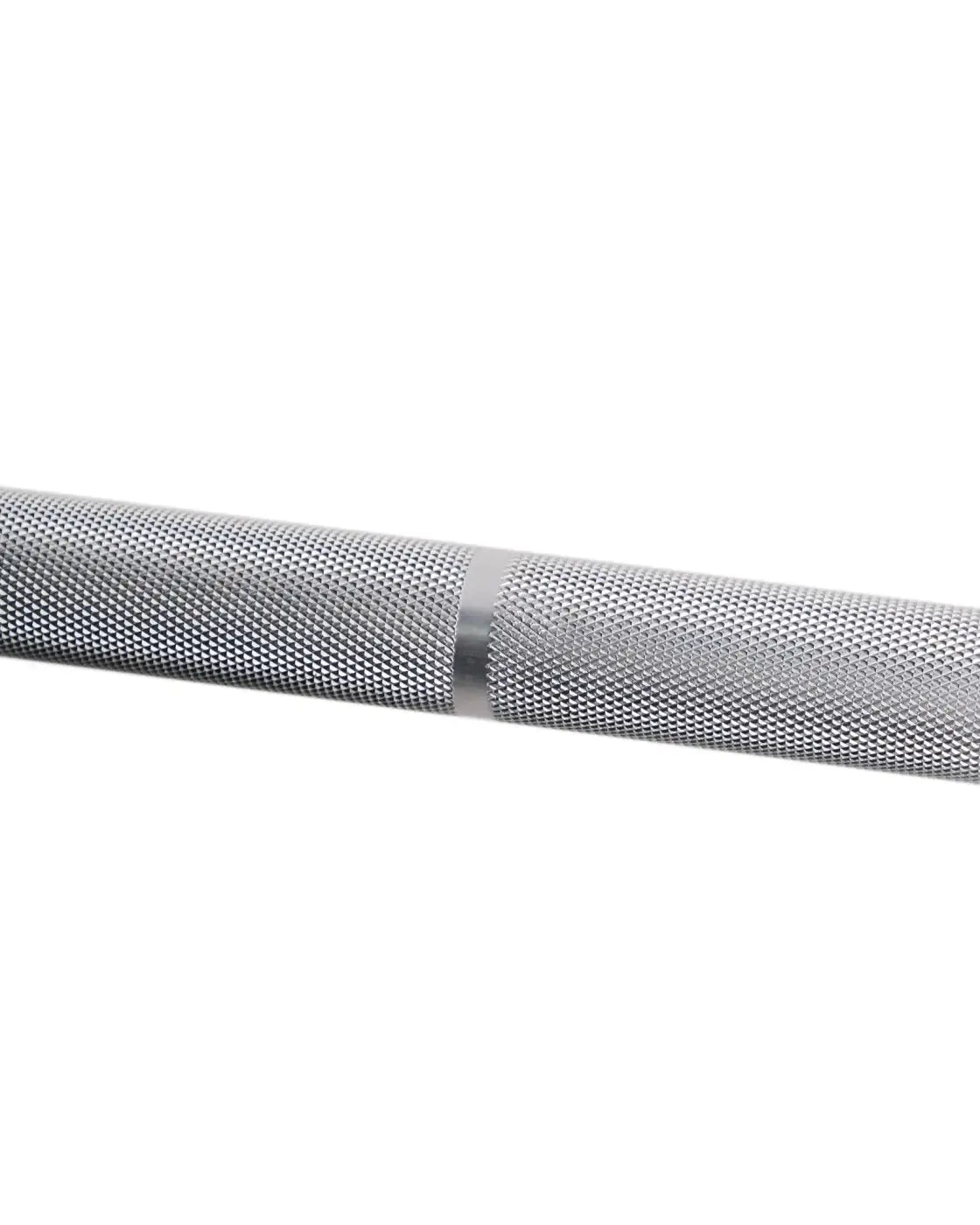 Silver textured metal 6ft Olympic aluminium technique barbell with mesh pattern and smooth central band for home workout