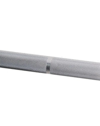 Silver textured metal 6ft Olympic aluminium technique barbell with mesh pattern and smooth central band for home workout