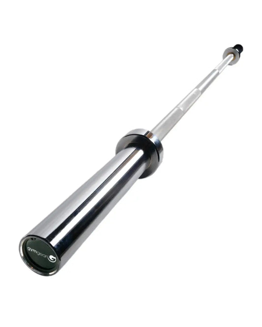Silver 6ft Olympic aluminium technique barbell with polished chrome finish and black end caps for home workout