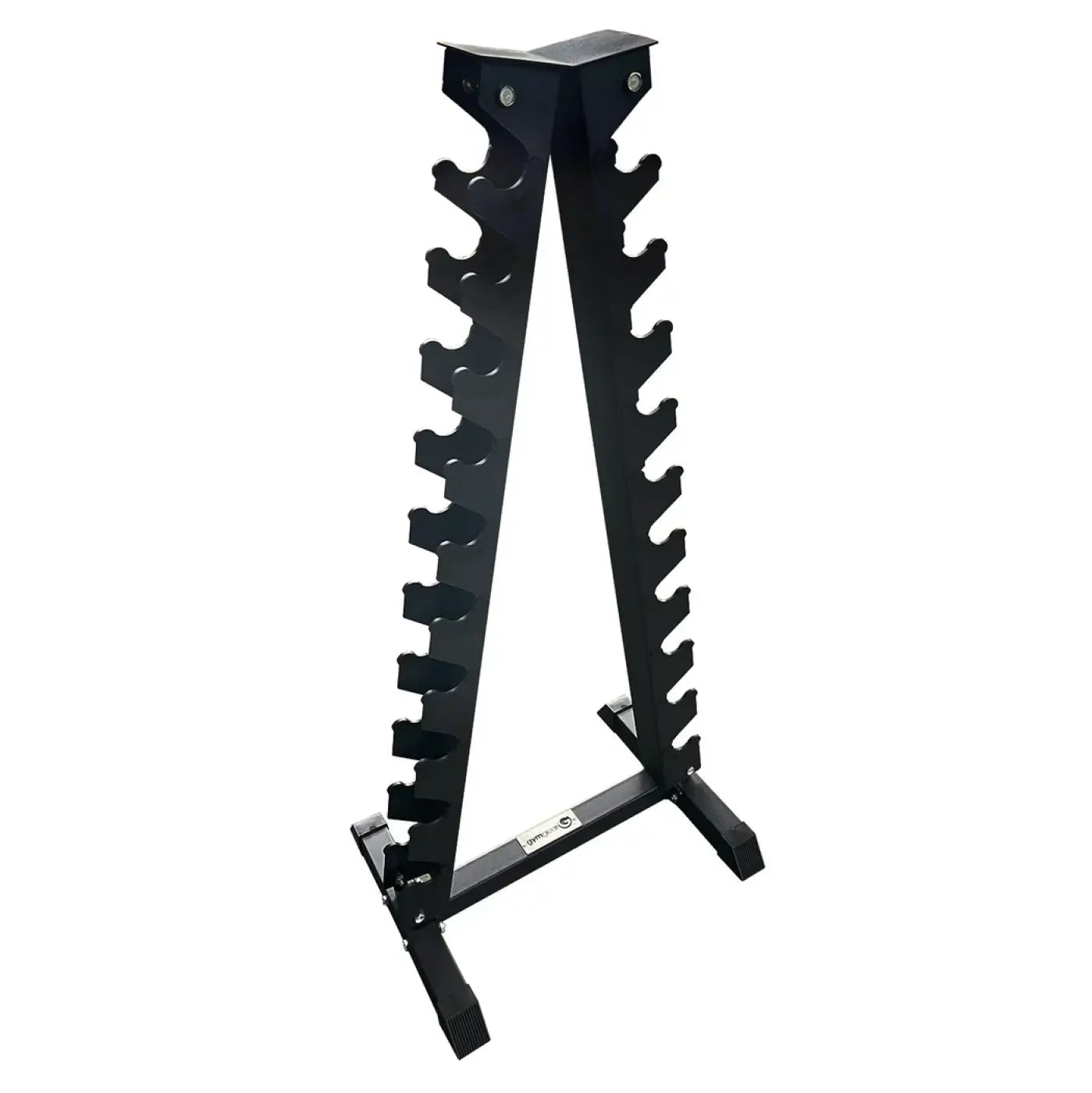 Black metal a frame hex dumbbell rack with a sturdy triangular base and multiple slots for organizing 10 pairs of weights