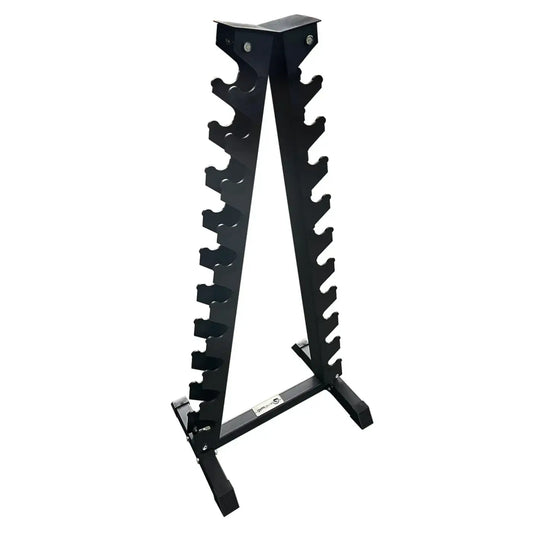 Black metal a frame hex dumbbell rack with a sturdy triangular base and multiple slots for organizing 10 pairs of weights