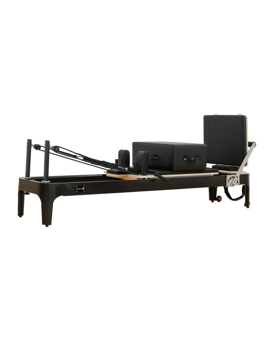 Aluminium black pilates reformer with padded carriage and adjustable resistance system uk delivery available