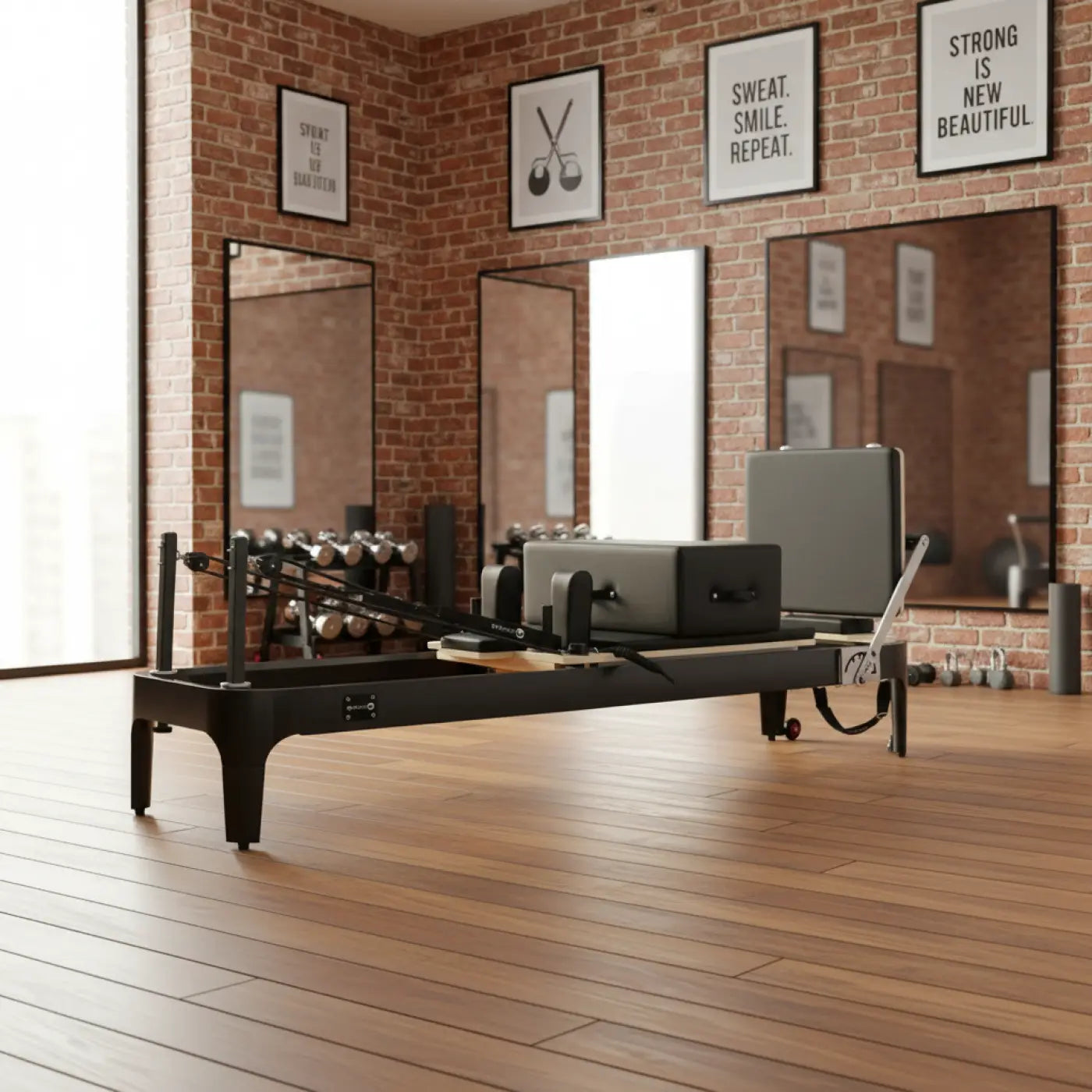 Black metal aluminium pilates reformer with gray resistance carriage and adjustable straps for uk delivery