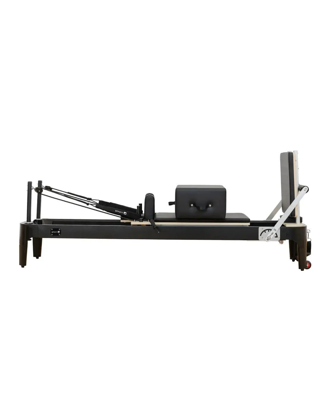 Black aluminium pilates reformer with padded carriage and adjustable resistance system uk delivery available