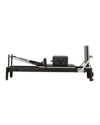 Black aluminium pilates reformer with padded carriage and adjustable resistance system uk delivery available